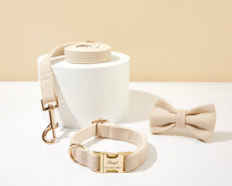 Beige Twisted Personalized Dog Collar Bow tie Set, Dog Collar for Boy Dog, Wedding Dog Collar,Puppy 