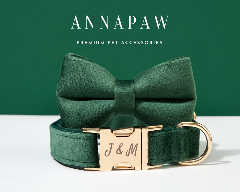 Personalized Emerald Green Velvet Dog Collar Bowtie Set,Handmade Puppy Collar Leash Bowtie For Weddi